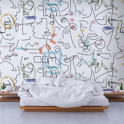 Χρωματιστές πινελιές και πρόσωπα, Line Art, Ταπετσαρίες Τοίχου, 100 x 48 εκ.